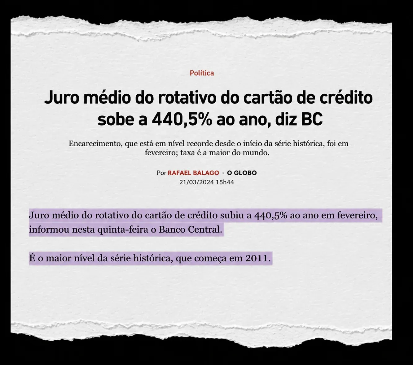 Juro médio do rotativo do cartão sobe a 440,5% ao ano, diz BC