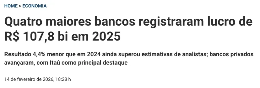 4 maiores bancos lucraram R$ 107,8 bi em 2025