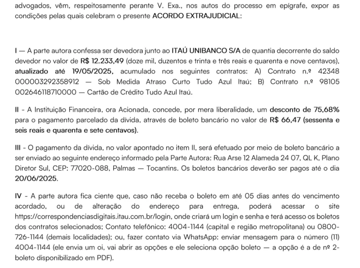 Dívida de R$ 12.233 no cartão Itaú. Acordo com 75,68% de desconto — boleto final de R$ 66,47. Não é erro de digitação.